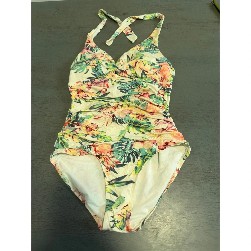 Merona Women Tropical Flamingo Floral One Piece Swimsuit Halter Ruched Cream S